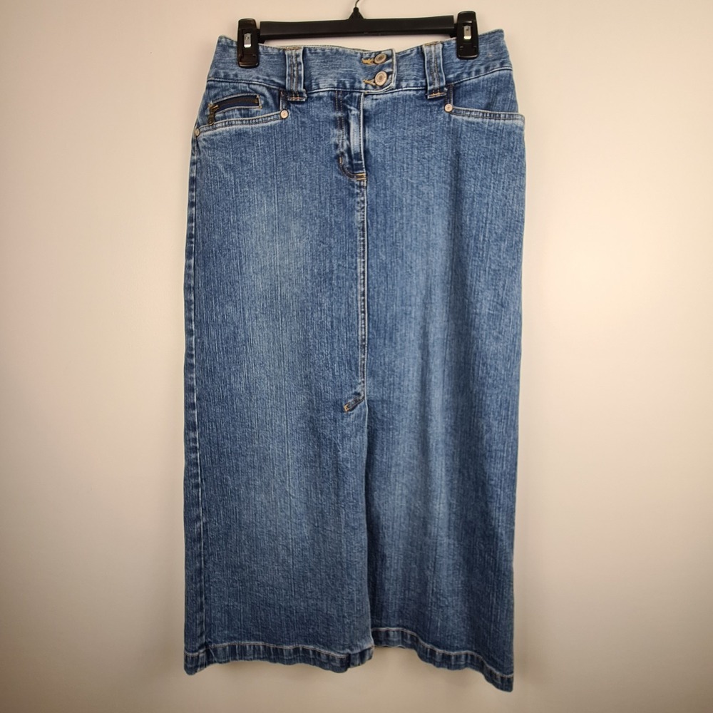 Vintage Y2K Faded Glory Denim Midi Skirt Women's Size 4 Slit Adjustable Snap Zip